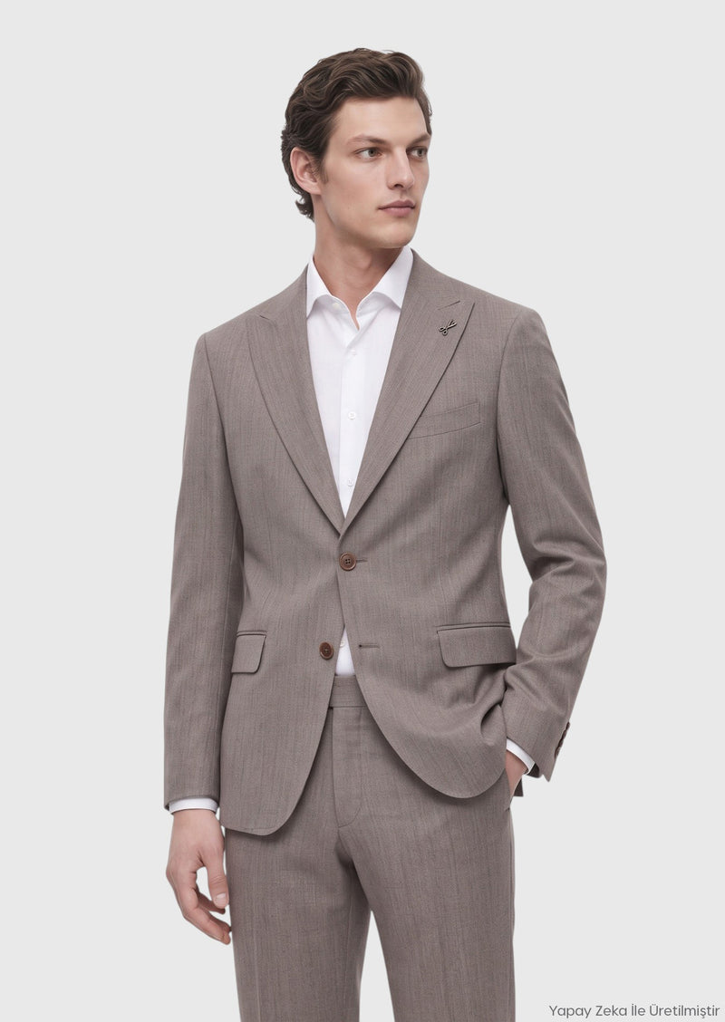 Vizon Desenli Zeroweight Slim Fit Yün Karışımlı Takım Elbise