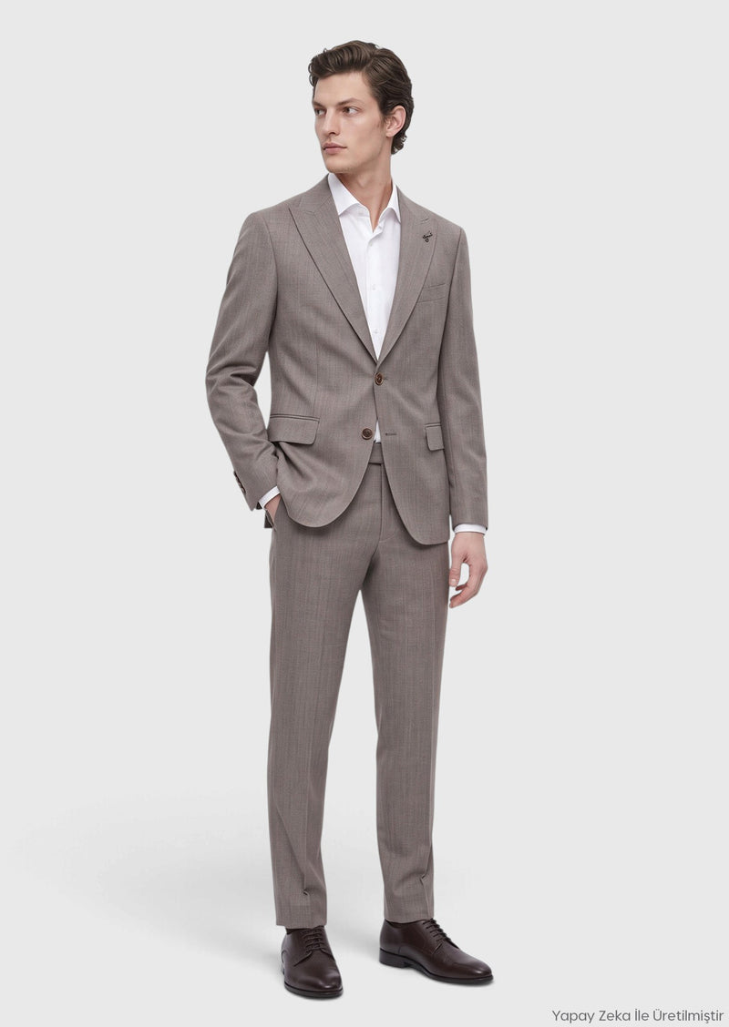 Vizon Desenli Zeroweight Slim Fit Yün Karışımlı Takım Elbise