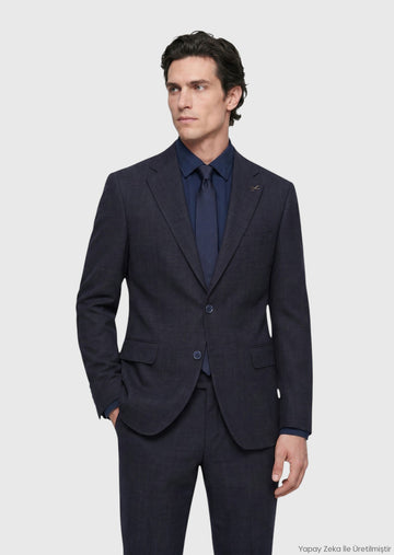 Lacivert Desenli Zeroweight Slim Fit Yün Karışımlı Takım Elbise