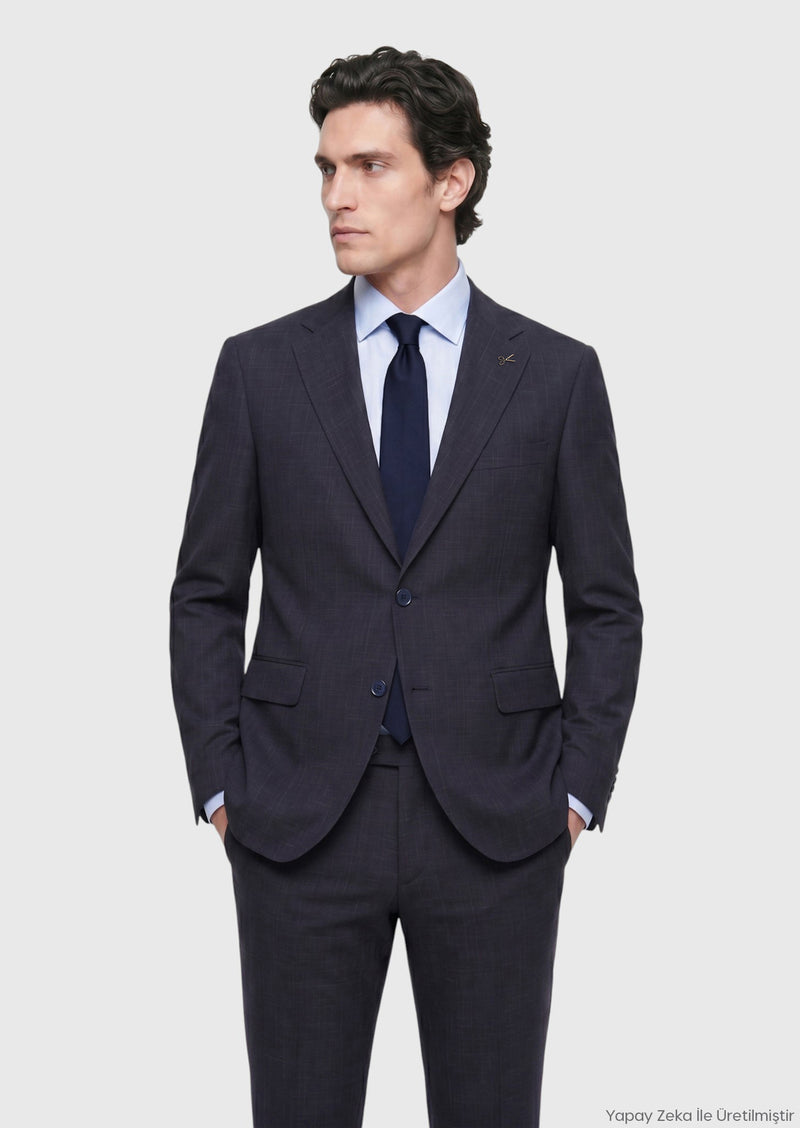 Lacivert Desenli Zeroweight Slim Fit Yün Karışımlı Takım Elbise