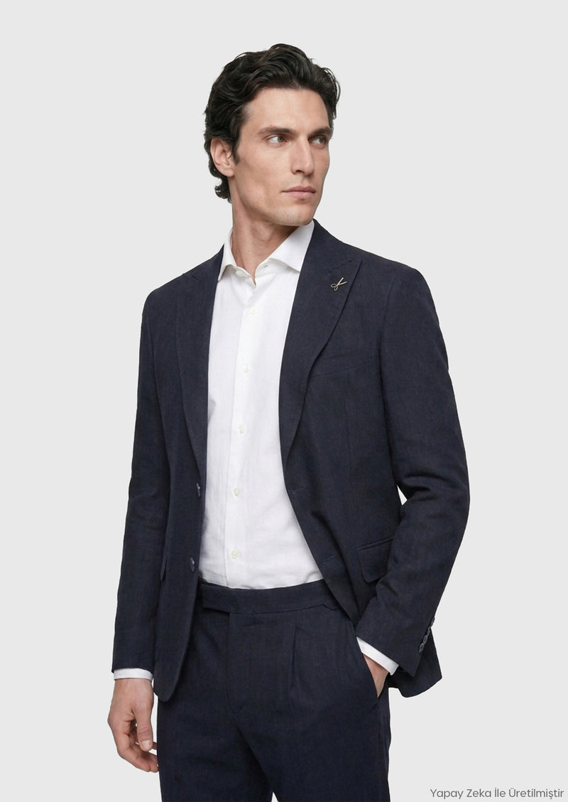 Lacivert Düz Zeroweight Slim Fit Keten Karışımlı Takım Elbise