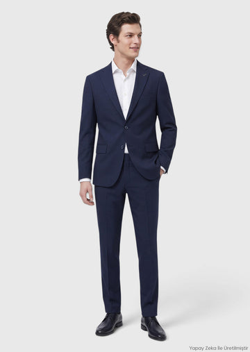 Lacivert Çizgili Modern Fit Yün Karışımlı Takım Elbise