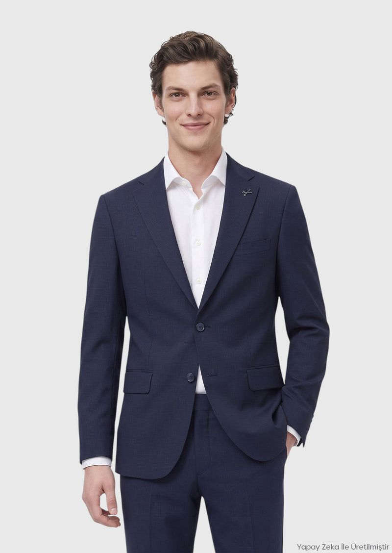 Lacivert Çizgili Modern Fit Yün Karışımlı Takım Elbise