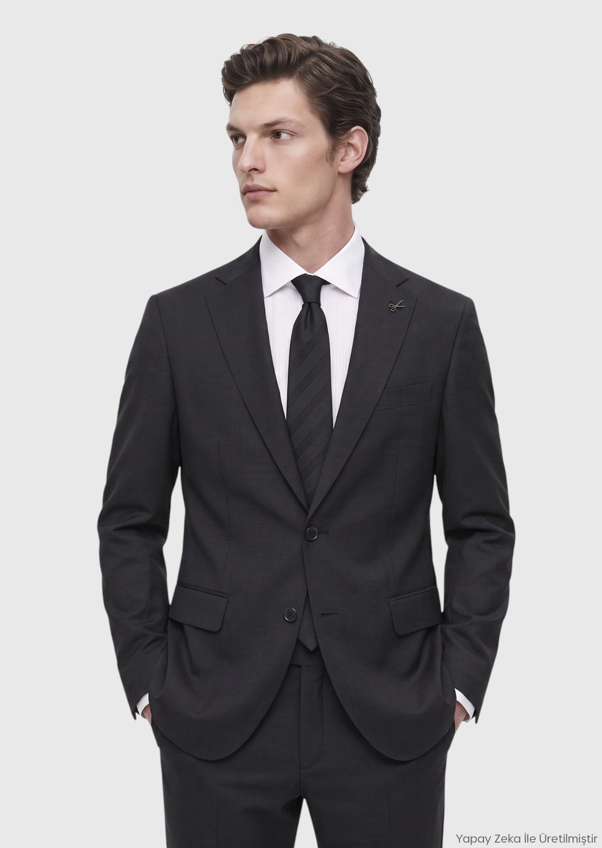 Antrasit Çizgili Modern Fit Yün Karışımlı Takım Elbise
