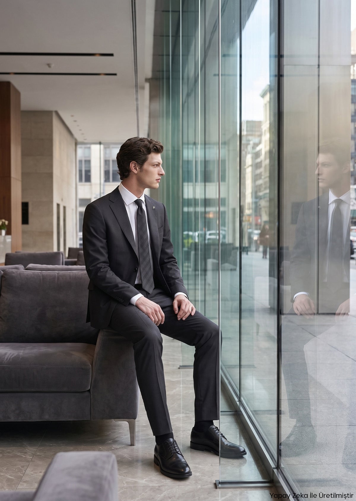 Antrasit Çizgili Modern Fit Yün Karışımlı Takım Elbise