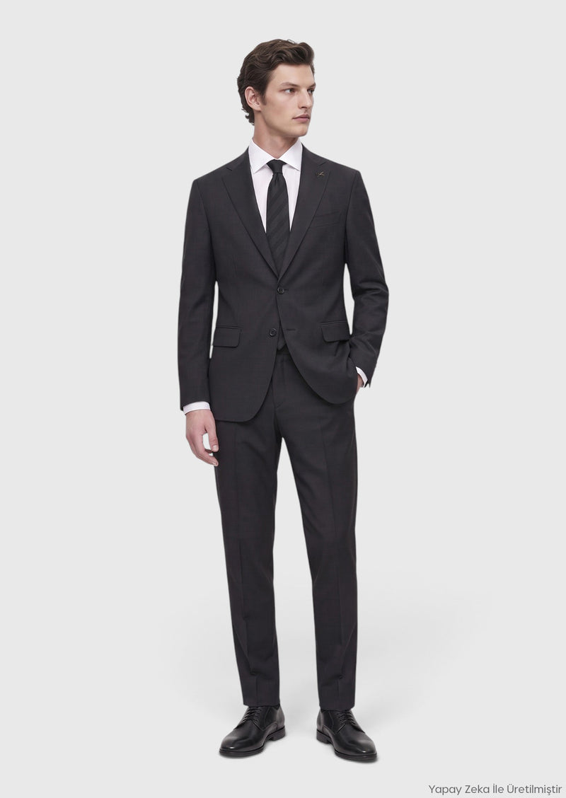 Antrasit Çizgili Modern Fit Yün Karışımlı Takım Elbise