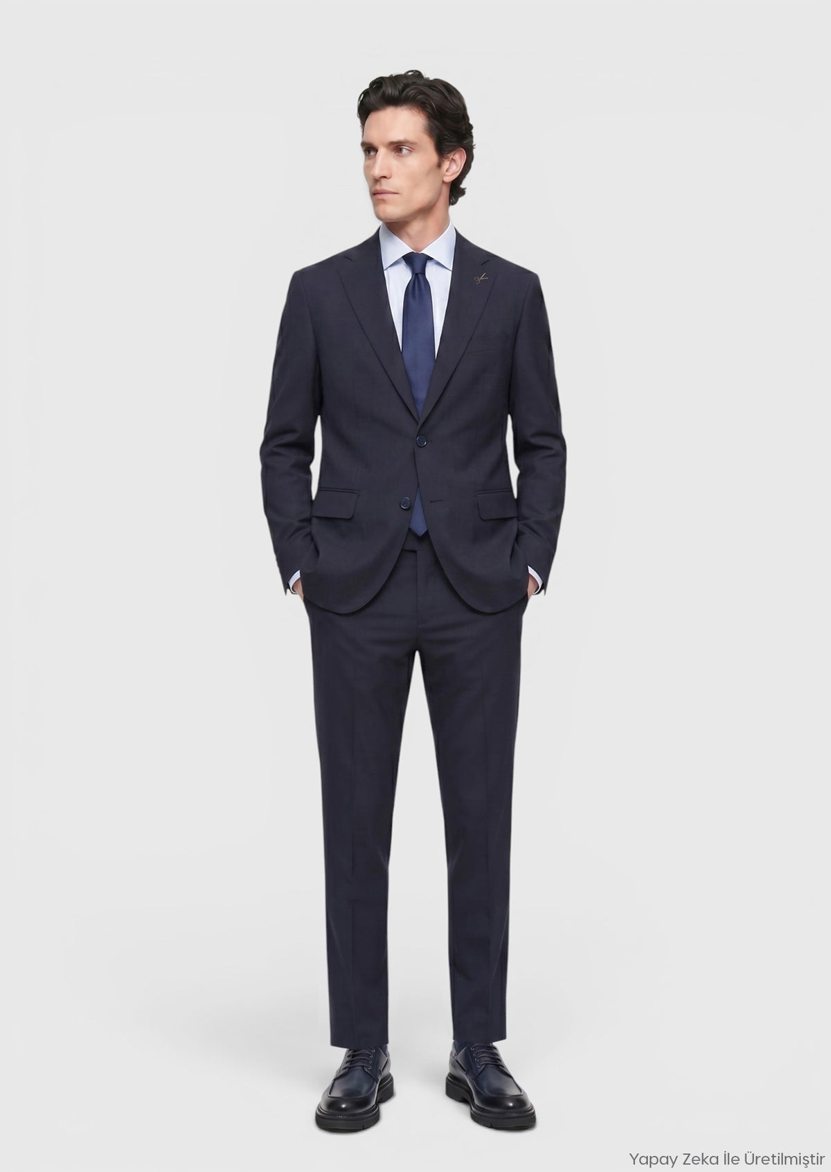 Lacivert Çizgili Modern Fit Yün Karışımlı Takım Elbise