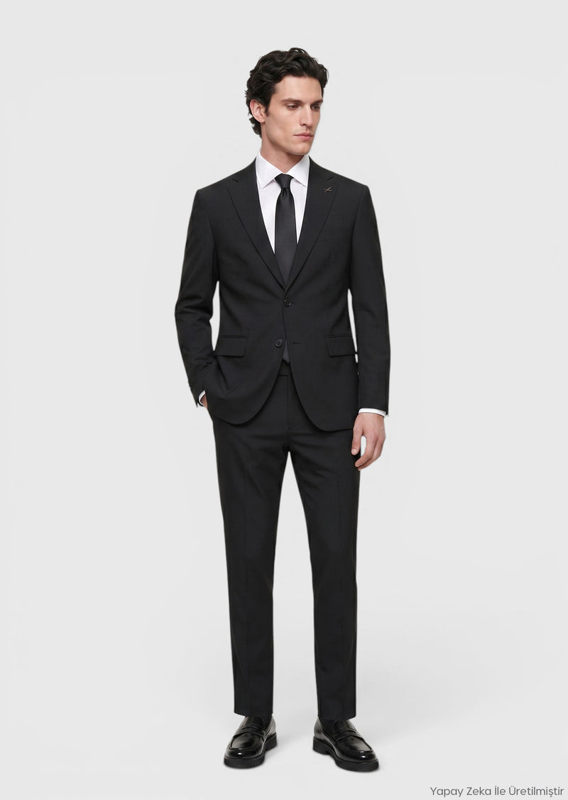 Siyah Çizgili Modern Fit Yün Karışımlı Takım Elbise