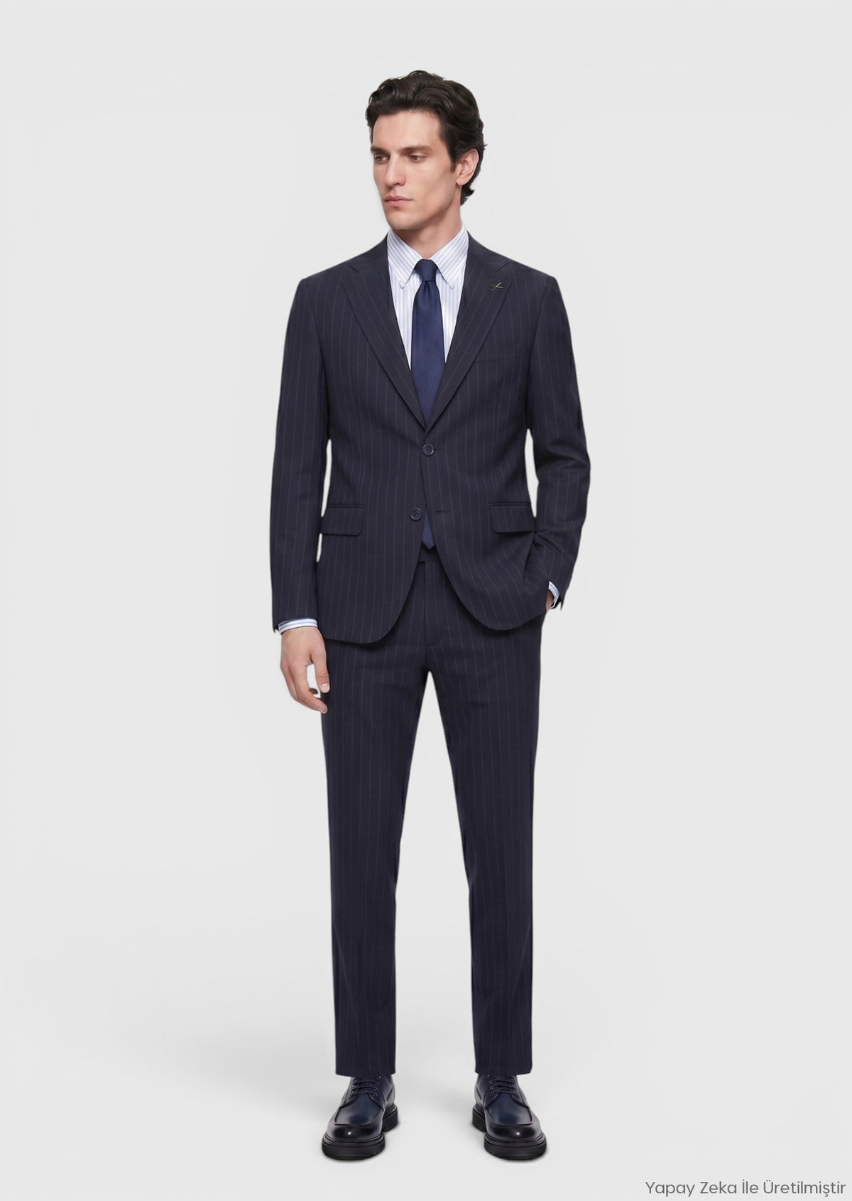Lacivert Çizgili Zeroweight Slim Fit %100 Yün Takım Elbise