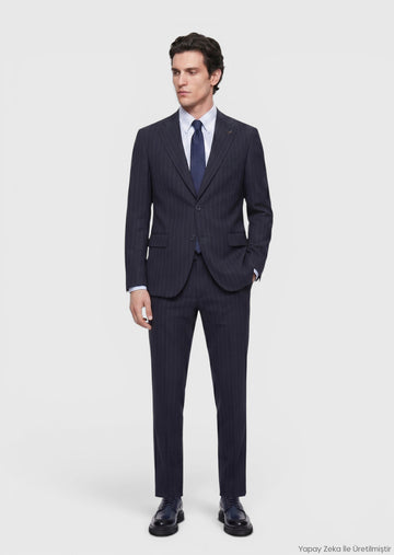 Lacivert Çizgili Zeroweight Slim Fit %100 Yün Takım Elbise