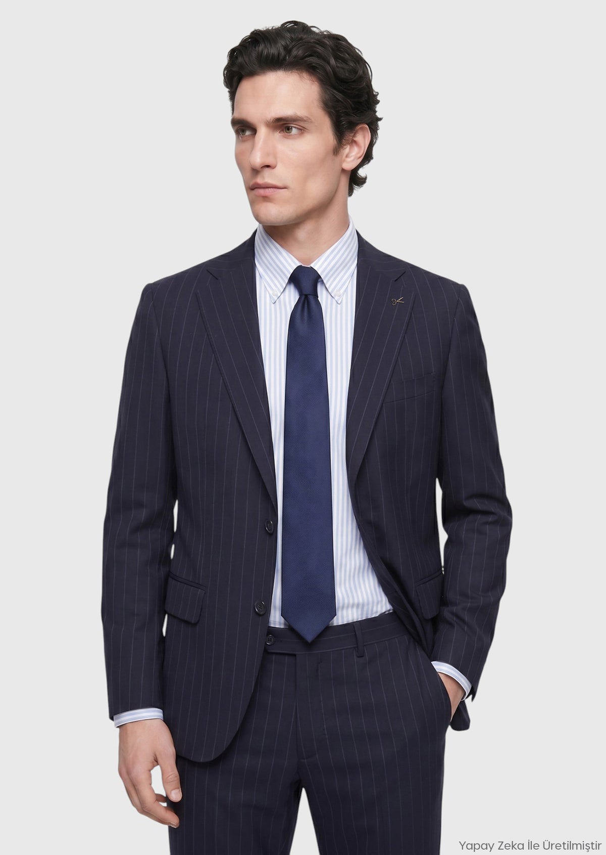 Lacivert Çizgili Zeroweight Slim Fit %100 Yün Takım Elbise
