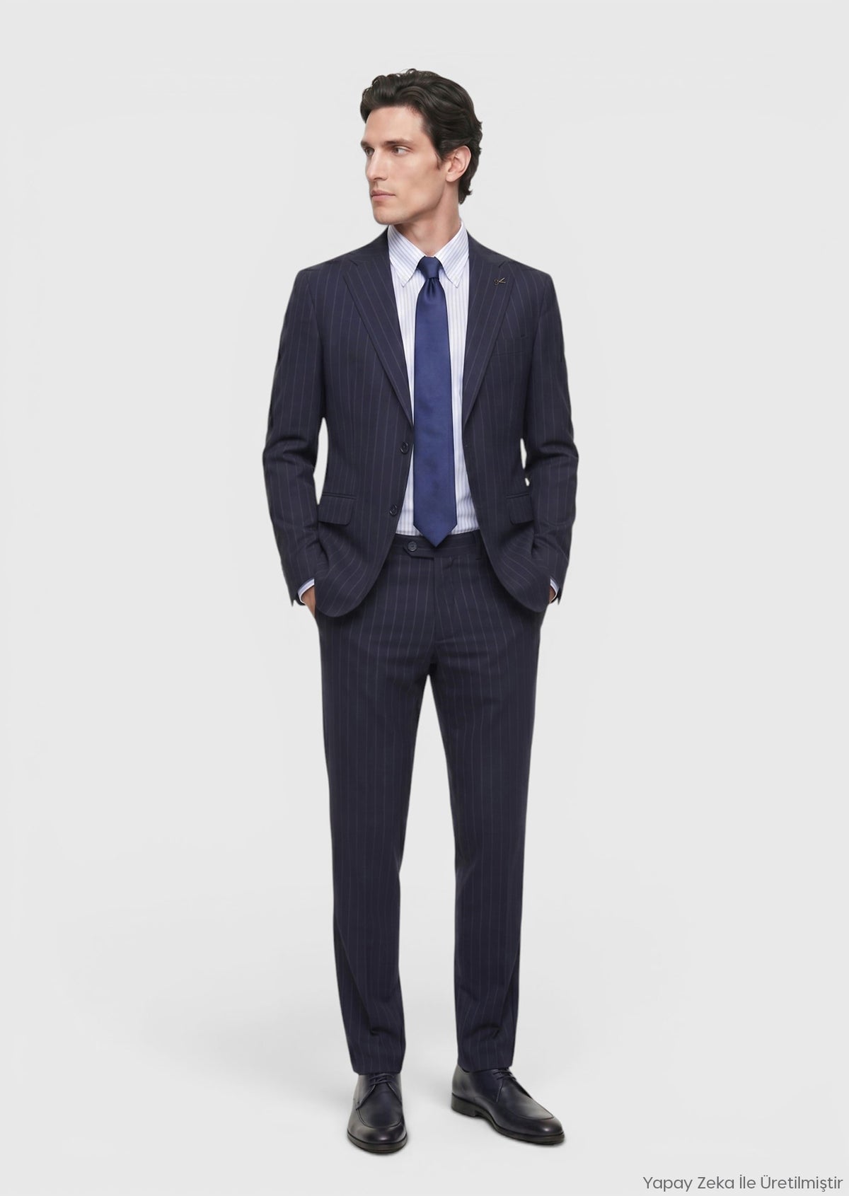 Lacivert Çizgili Zeroweight Slim Fit %100 Yün Takım Elbise