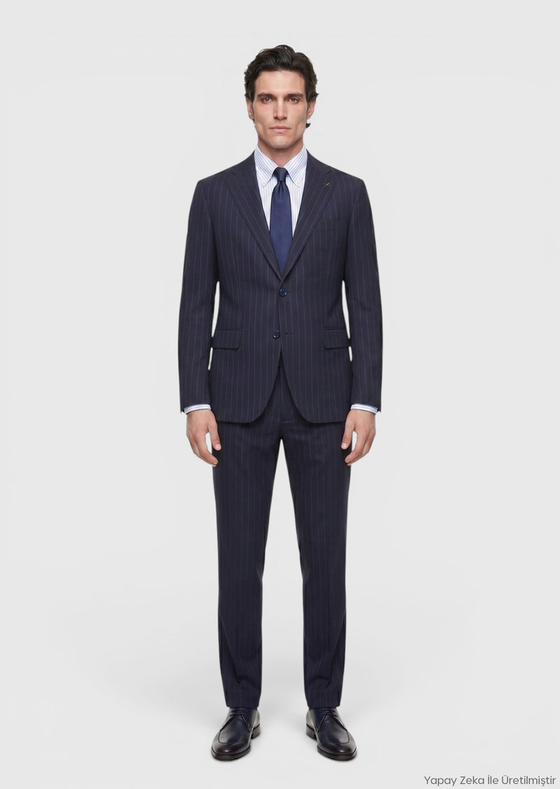Lacivert Çizgili Zeroweight Slim Fit %100 Yün Takım Elbise