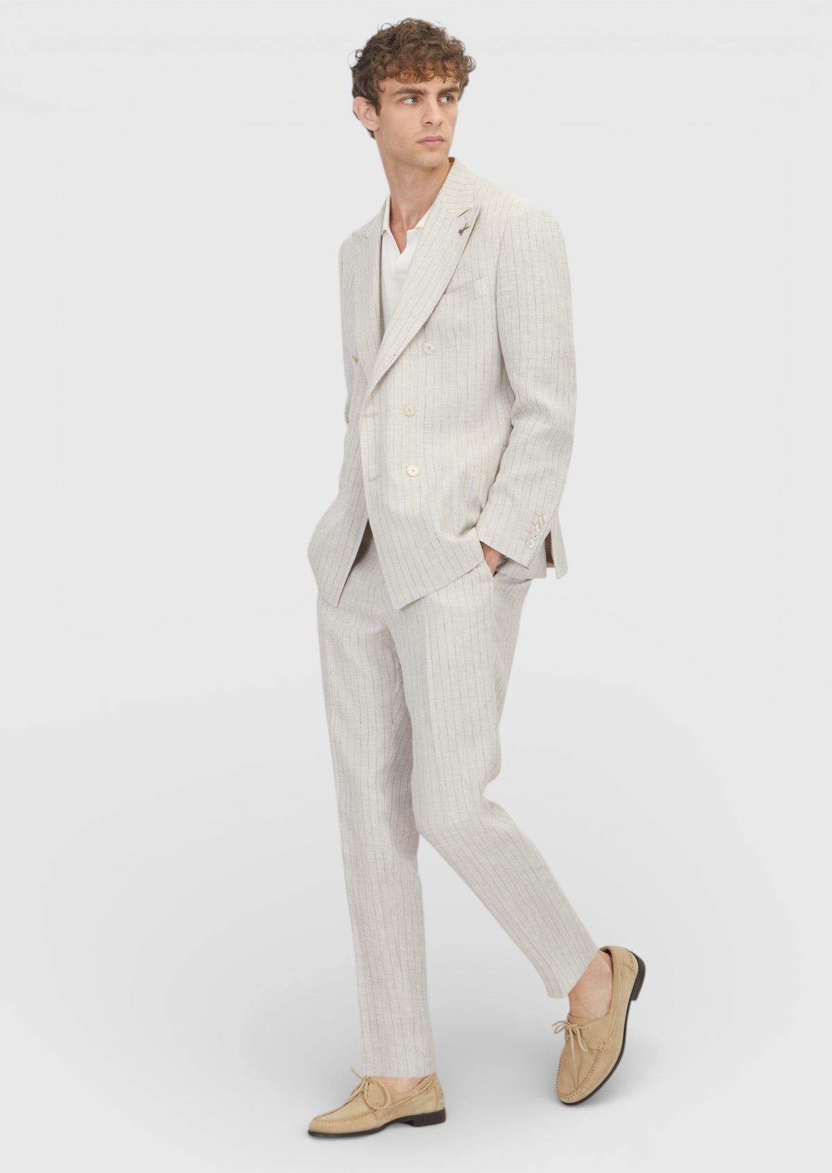 Bej Çizgili Zeroweight Slim Fit Pamuk Karışımlı Takım Elbise
