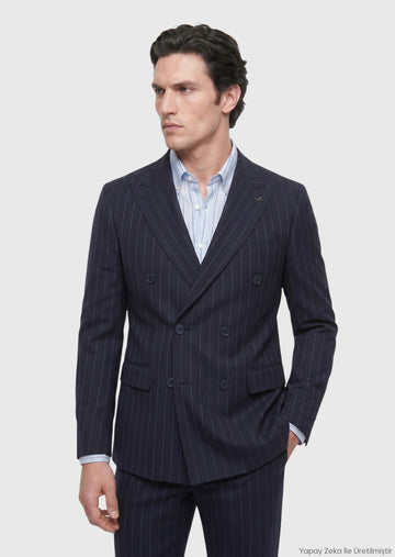 Lacivert Çizgili Zeroweight Slim Fit Yün Karışımlı Takım Elbise