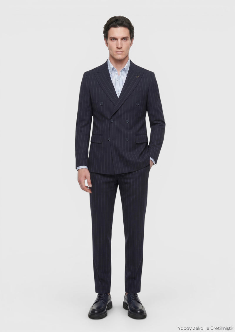 Lacivert Çizgili Zeroweight Slim Fit Yün Karışımlı Takım Elbise