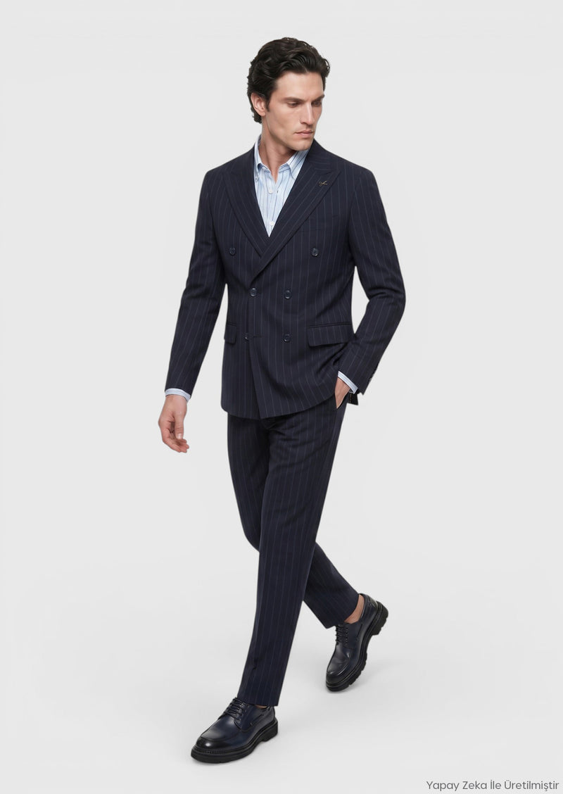Lacivert Çizgili Zeroweight Slim Fit Yün Karışımlı Takım Elbise