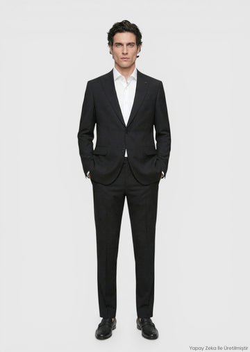Siyah Çizgili Zeroweight Slim Fit %100 Yün Takım Elbise