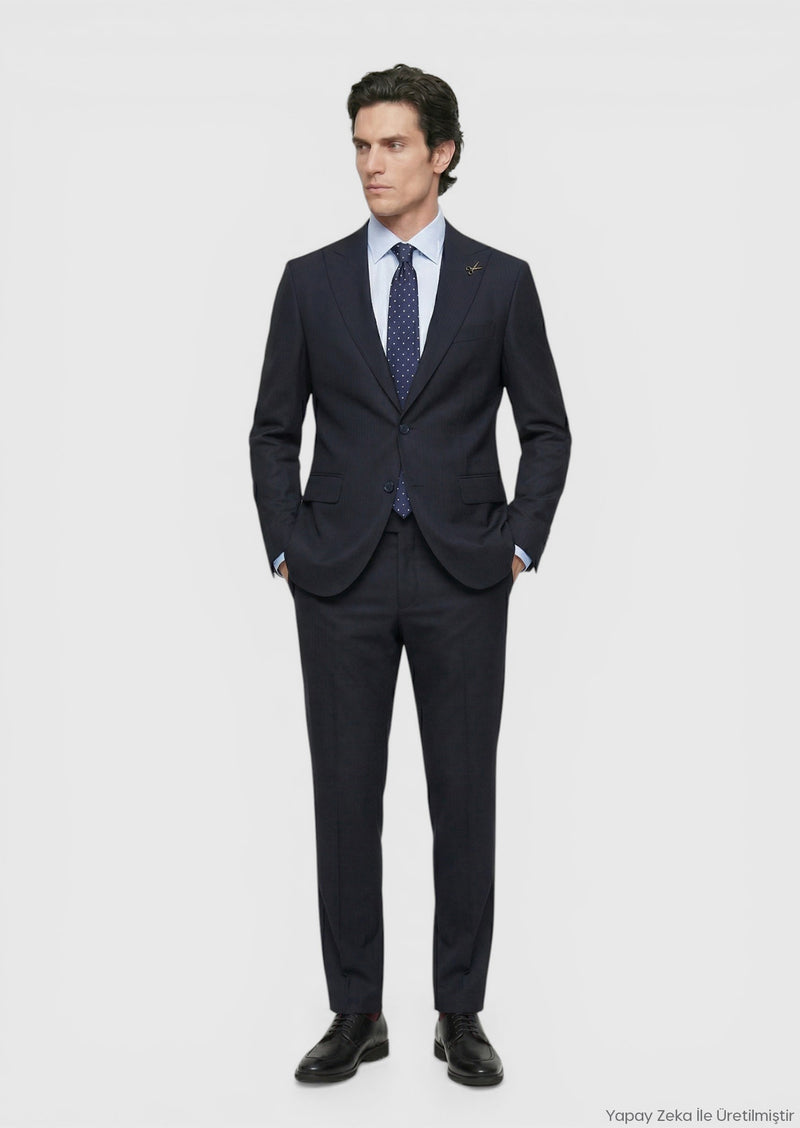Lacivert Çizgili Zeroweight Slim Fit %100 Yün Takım Elbise