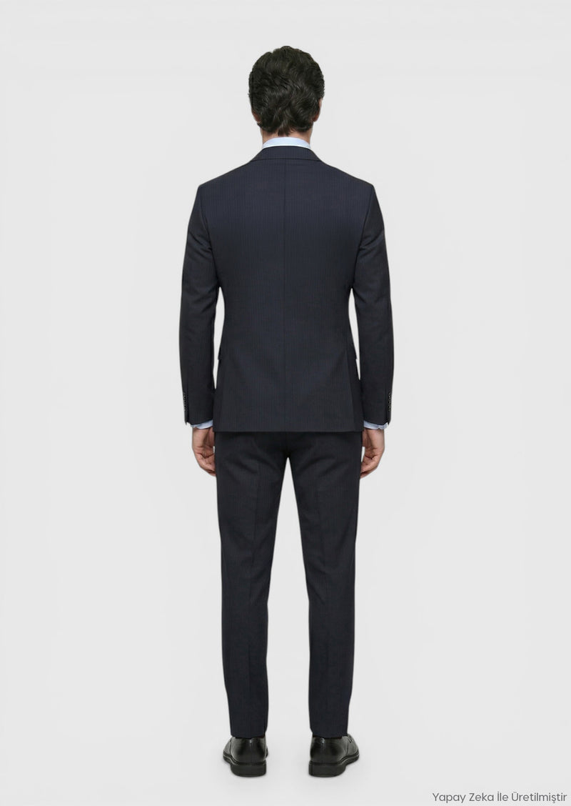 Lacivert Çizgili Zeroweight Slim Fit %100 Yün Takım Elbise