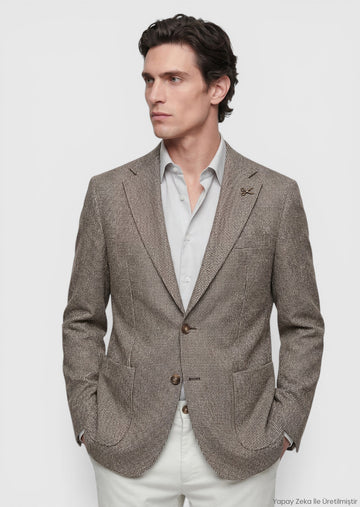 Light Brown Patterned Zeroweight Slim Fit Cotton Blended Jacket