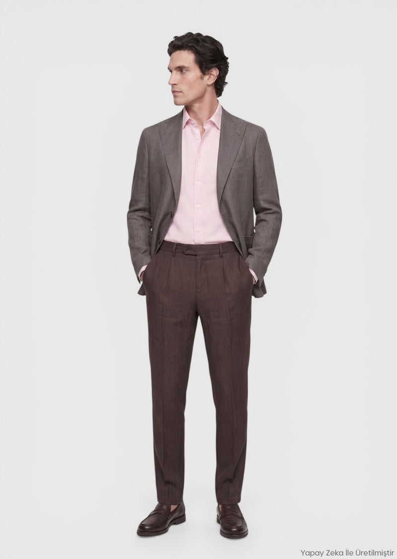 Açık Kahve Düz Zeroweight Slim Fit Keten Karışımlı Ceket