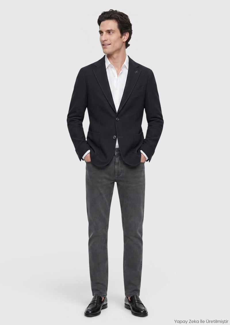 Siyah Shirt Shoulder Slim Fit Yün Karışımlı Ceket
