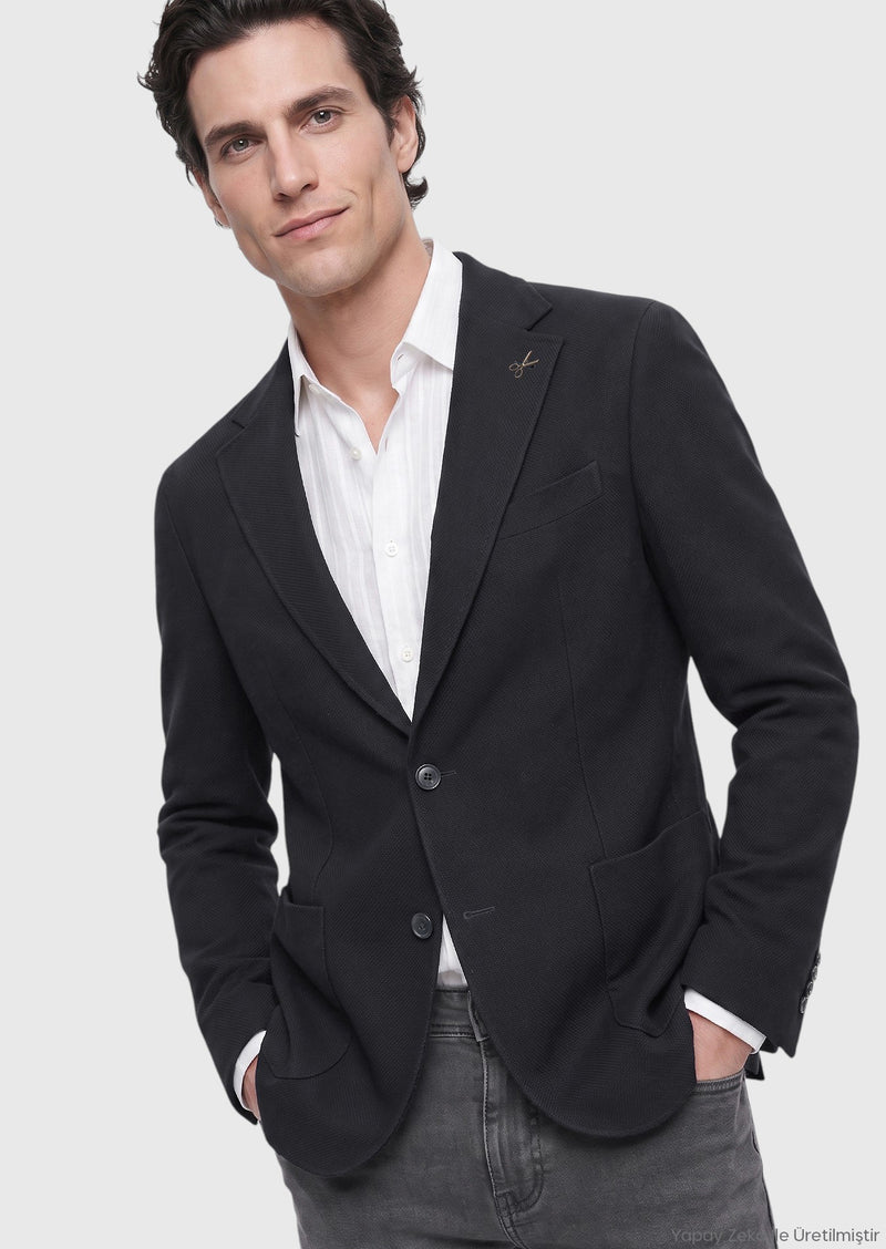 Siyah Shirt Shoulder Slim Fit Yün Karışımlı Ceket