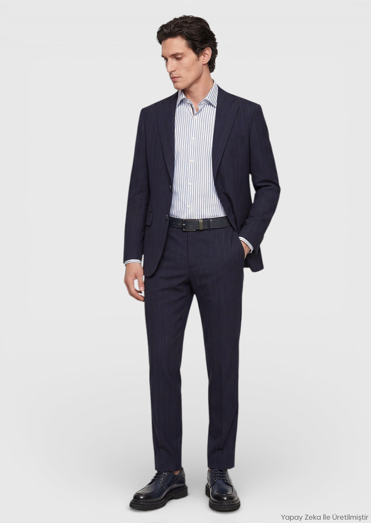 Lacivert Çizgili Zeroweight Slim Fit %100 Yün Takım Elbise
