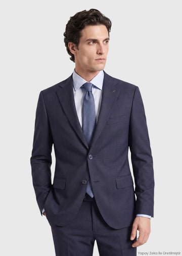 Açık Lacivert Kareli Regular Fit %100 Yün Takım Elbise
