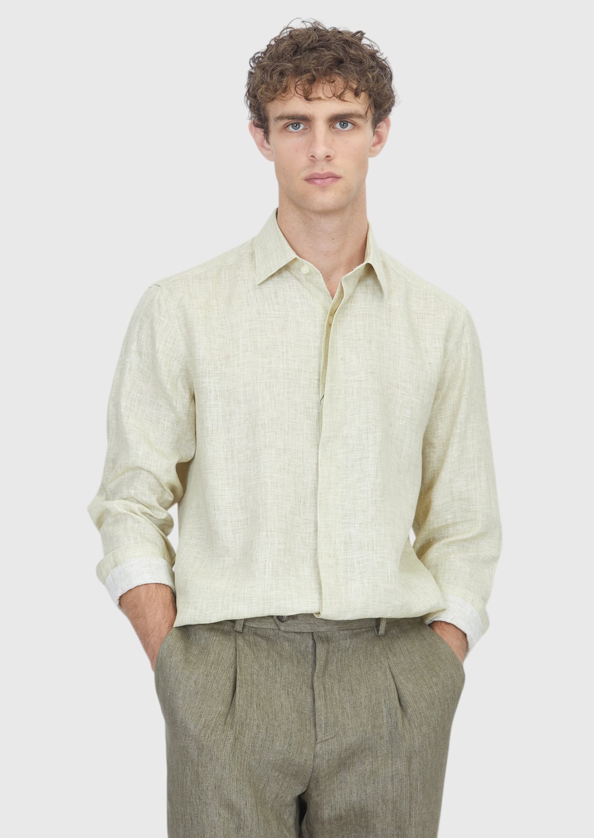 Açık Yeşil Casual Fit Uzun Dokuma Casual %100 Keten Gömlek