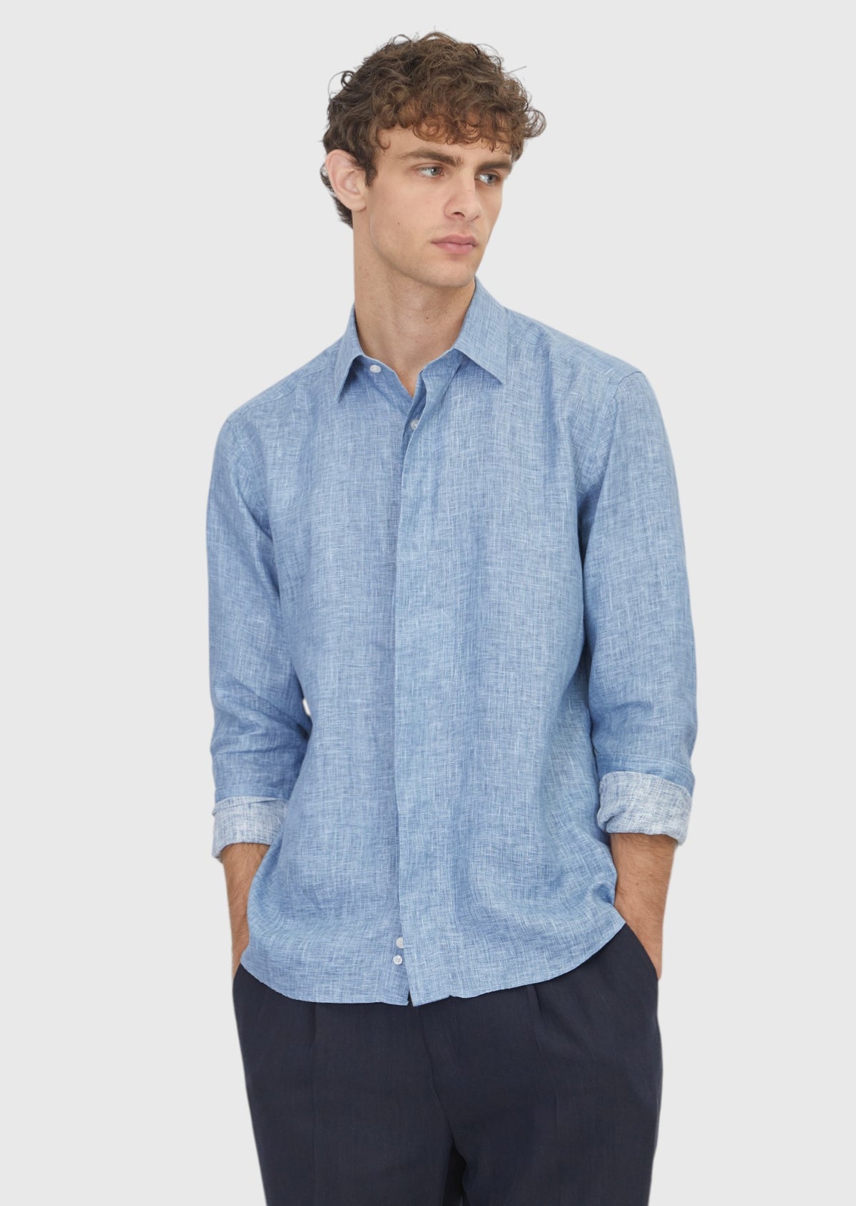 İndigo Casual Fit Uzun Dokuma Casual %100 Keten Gömlek