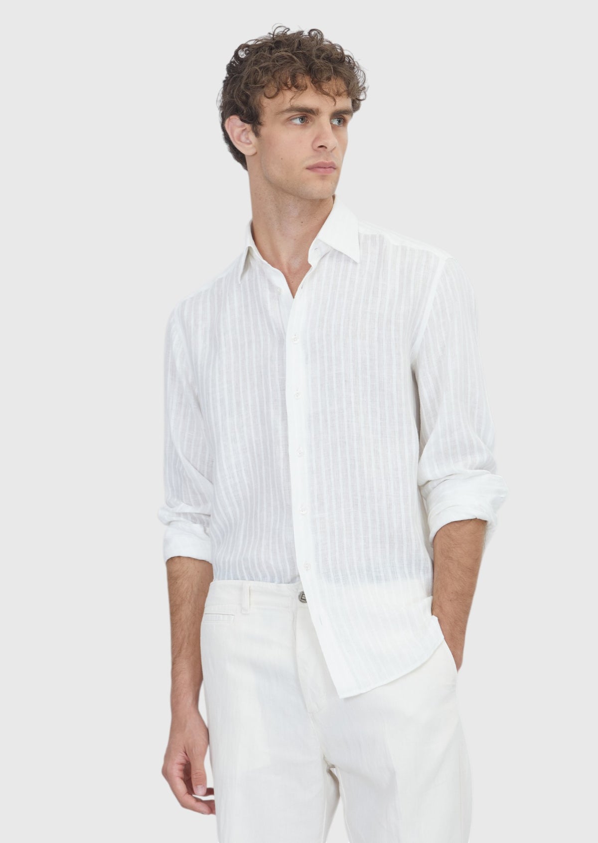 Beyaz Çizgili Casual Fit Uzun Dokuma Casual %100 Keten Gömlek