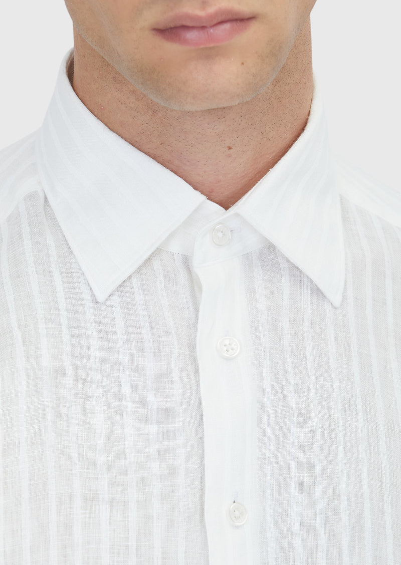 Beyaz Çizgili Casual Fit Uzun Dokuma Casual %100 Keten Gömlek