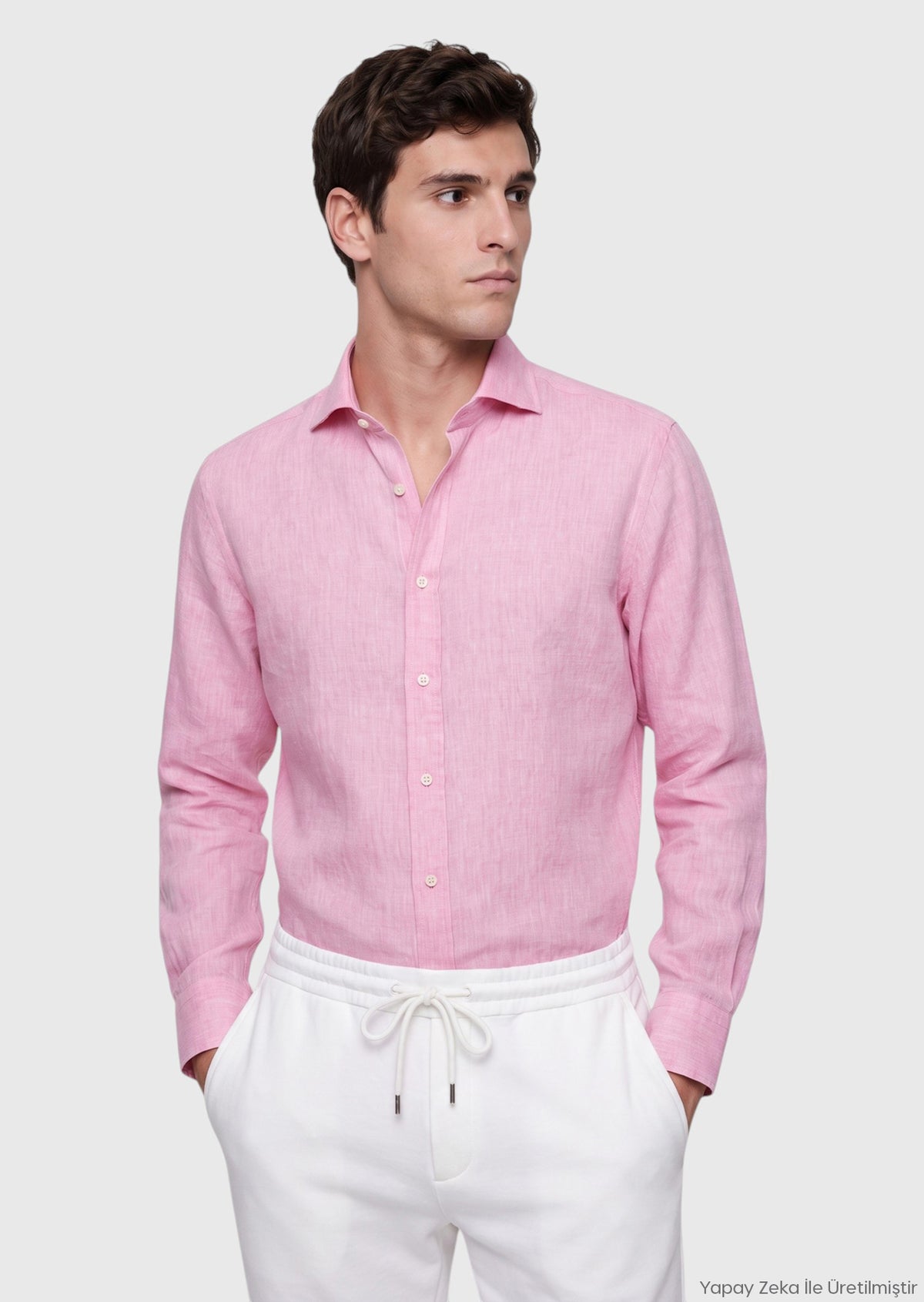Pembe Düz Casual Fit Uzun Dokuma Casual %100 Keten Gömlek