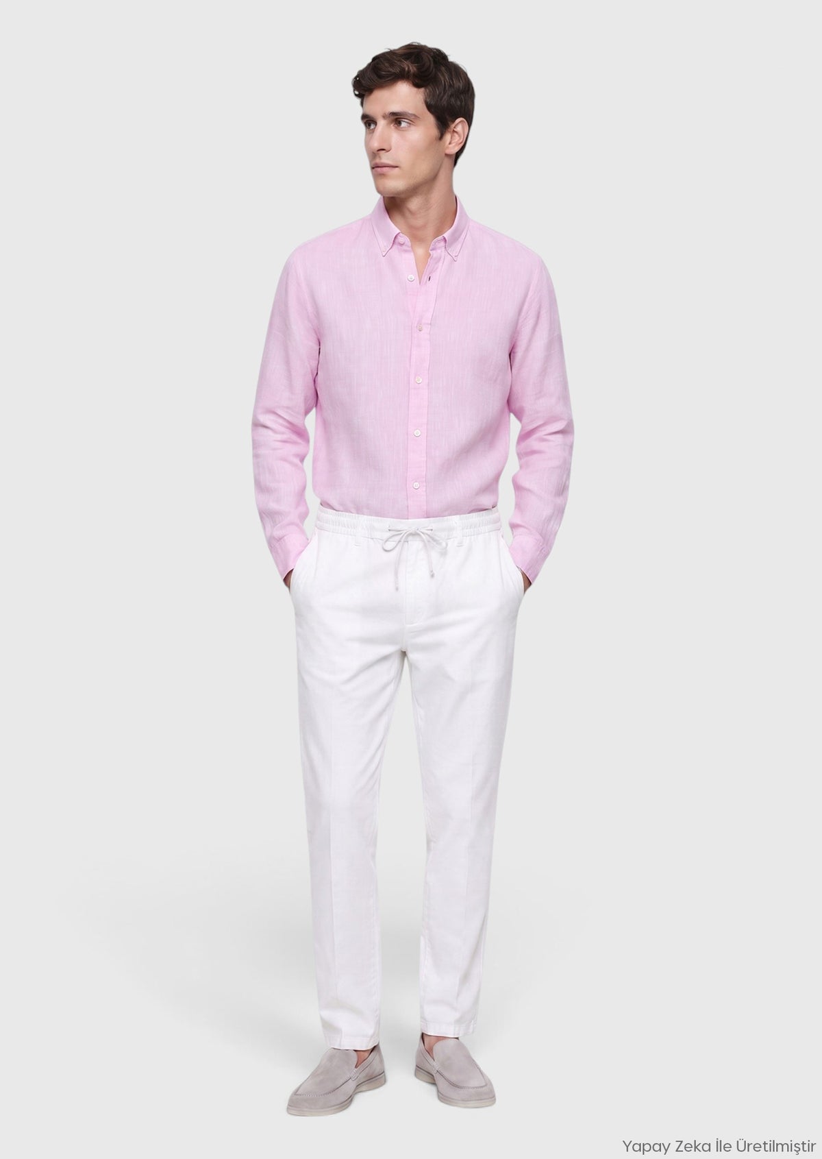 Pembe Düz Casual Fit Uzun Dokuma Casual %100 Keten Gömlek
