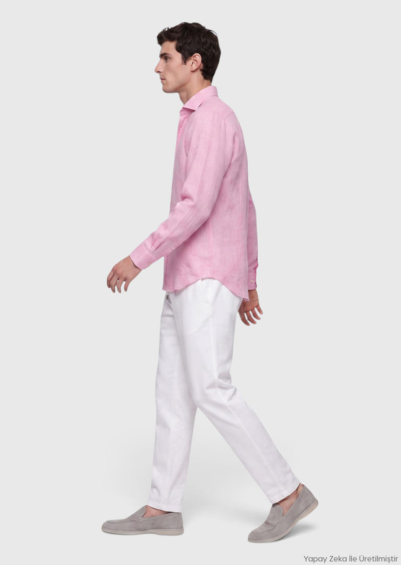 Pembe Düz Casual Fit Uzun Dokuma Casual %100 Keten Gömlek