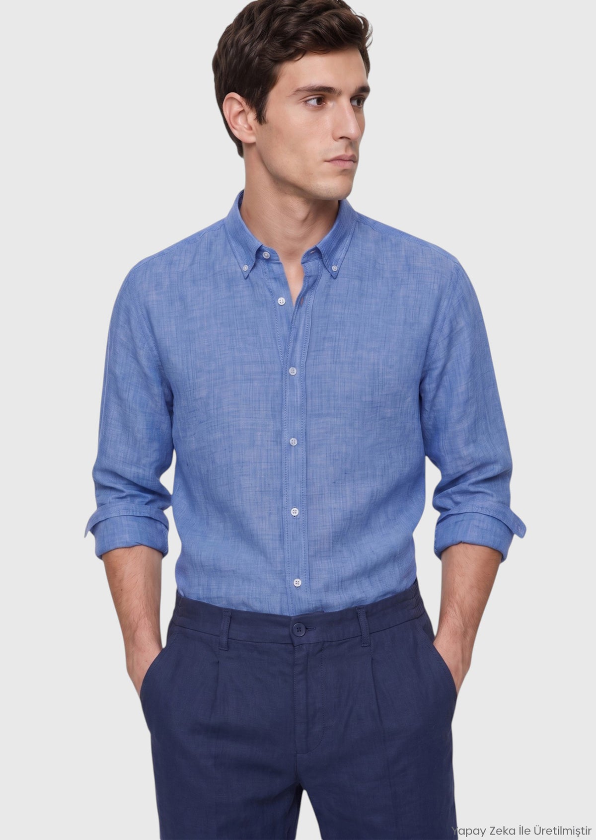 Koyu Mavi Düz Casual Fit Uzun Dokuma Casual %100 Keten Gömlek