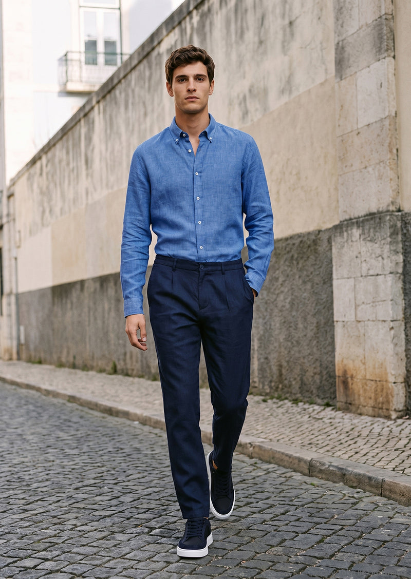 Koyu Mavi Düz Casual Fit Uzun Dokuma Casual %100 Keten Gömlek