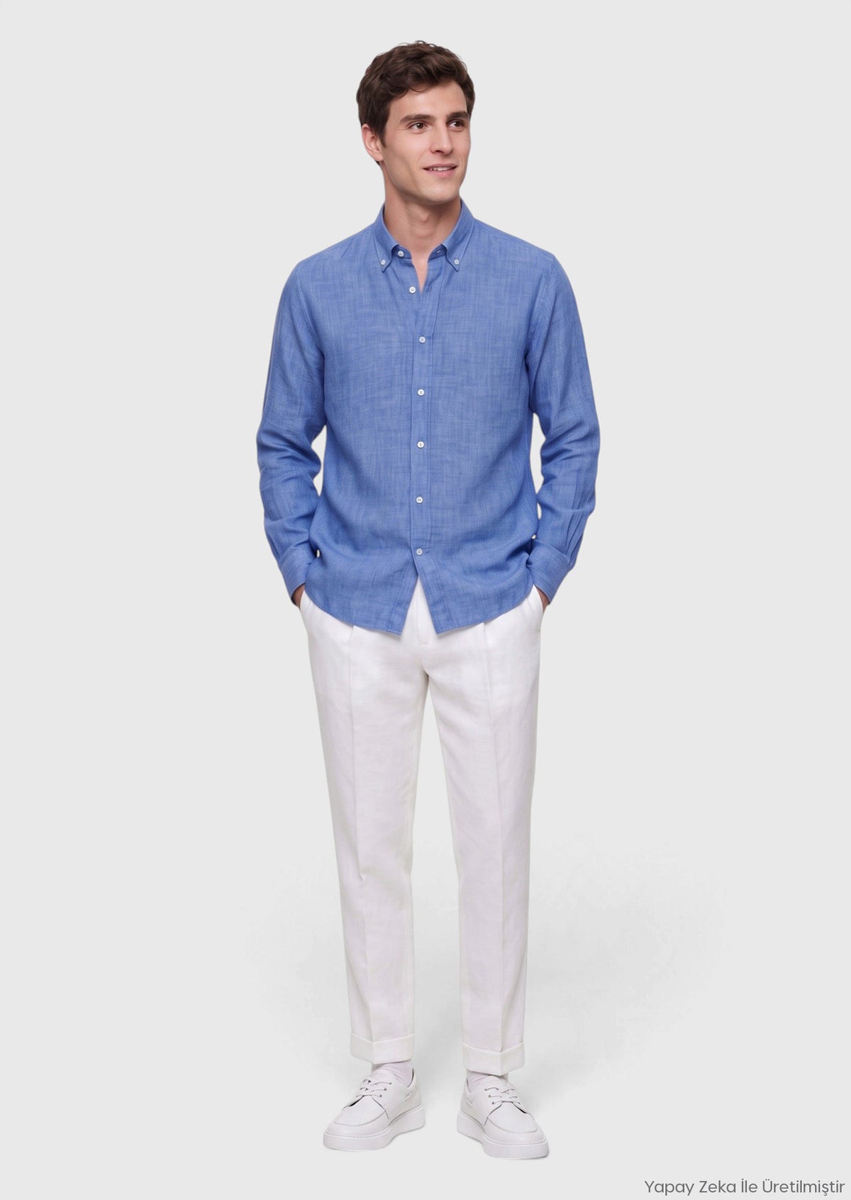 Koyu Mavi Düz Casual Fit Uzun Dokuma Casual %100 Keten Gömlek