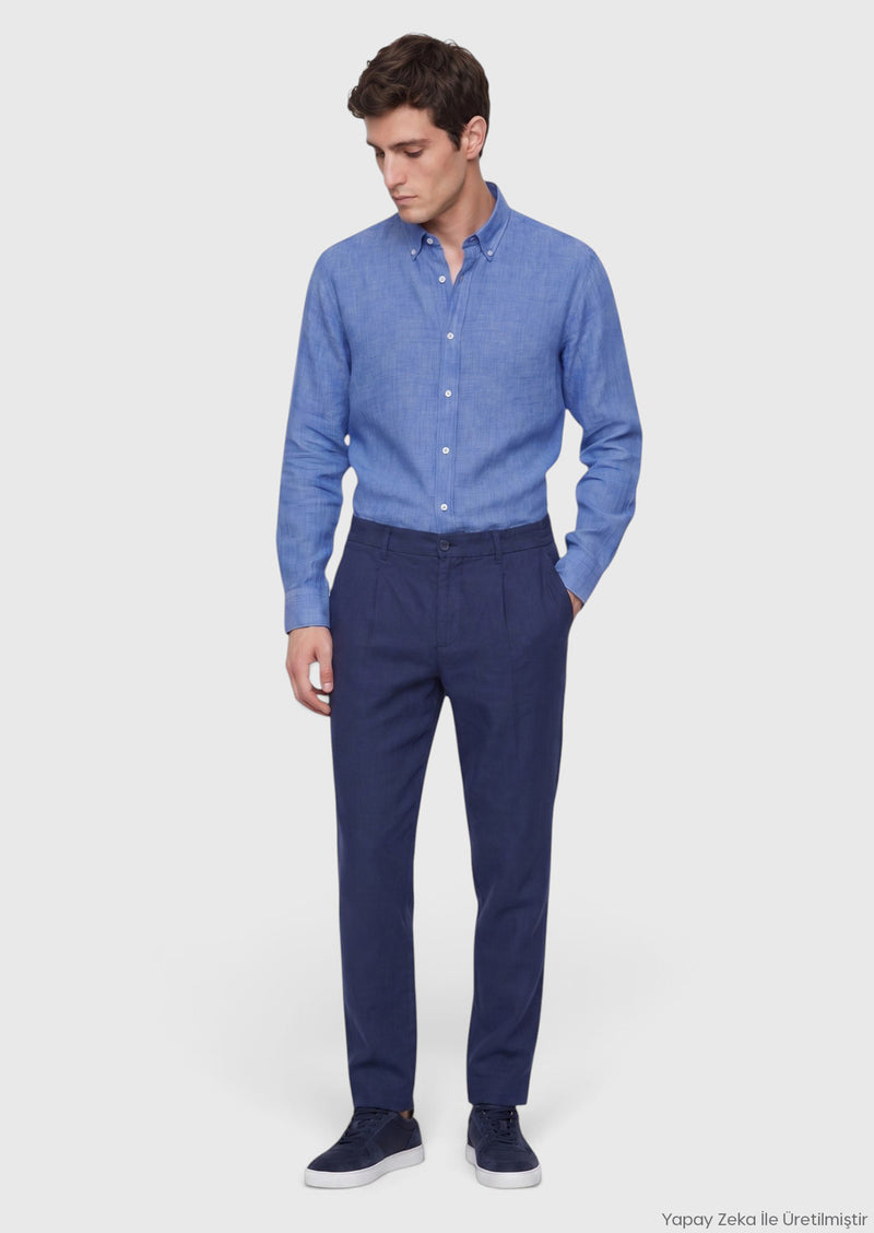 Koyu Mavi Düz Casual Fit Uzun Dokuma Casual %100 Keten Gömlek