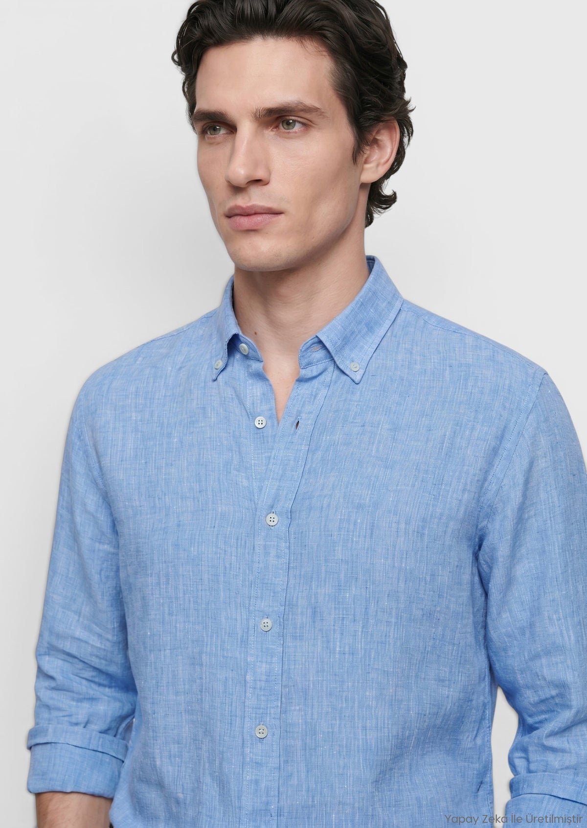 Mavi Düz Casual Fit Uzun Dokuma Casual %100 Keten Gömlek