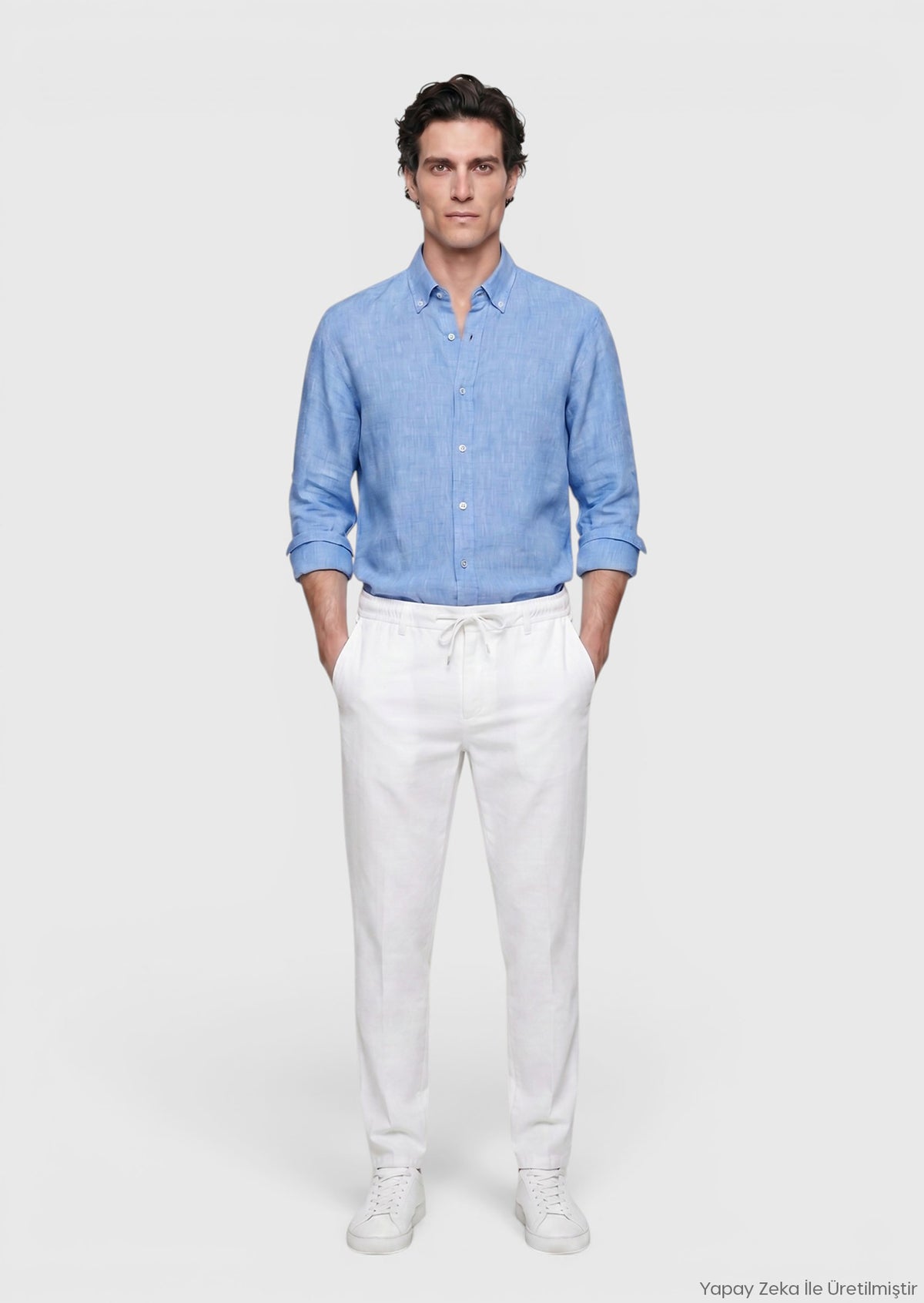 Mavi Düz Casual Fit Uzun Dokuma Casual %100 Keten Gömlek