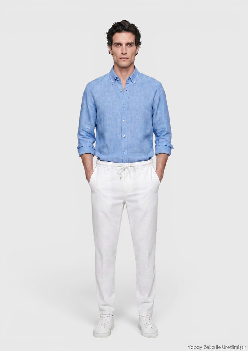 Mavi Düz Casual Fit Uzun Dokuma Casual %100 Keten Gömlek