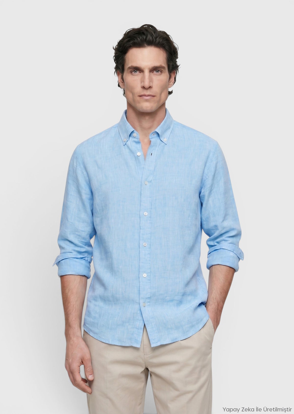Turkuaz Düz Casual Fit Uzun Dokuma Casual %100 Keten Gömlek