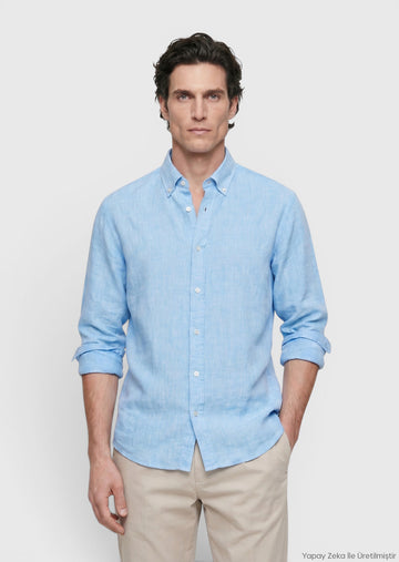 Turquoise Plain Casual Fit Long Weaving Casual Shirt