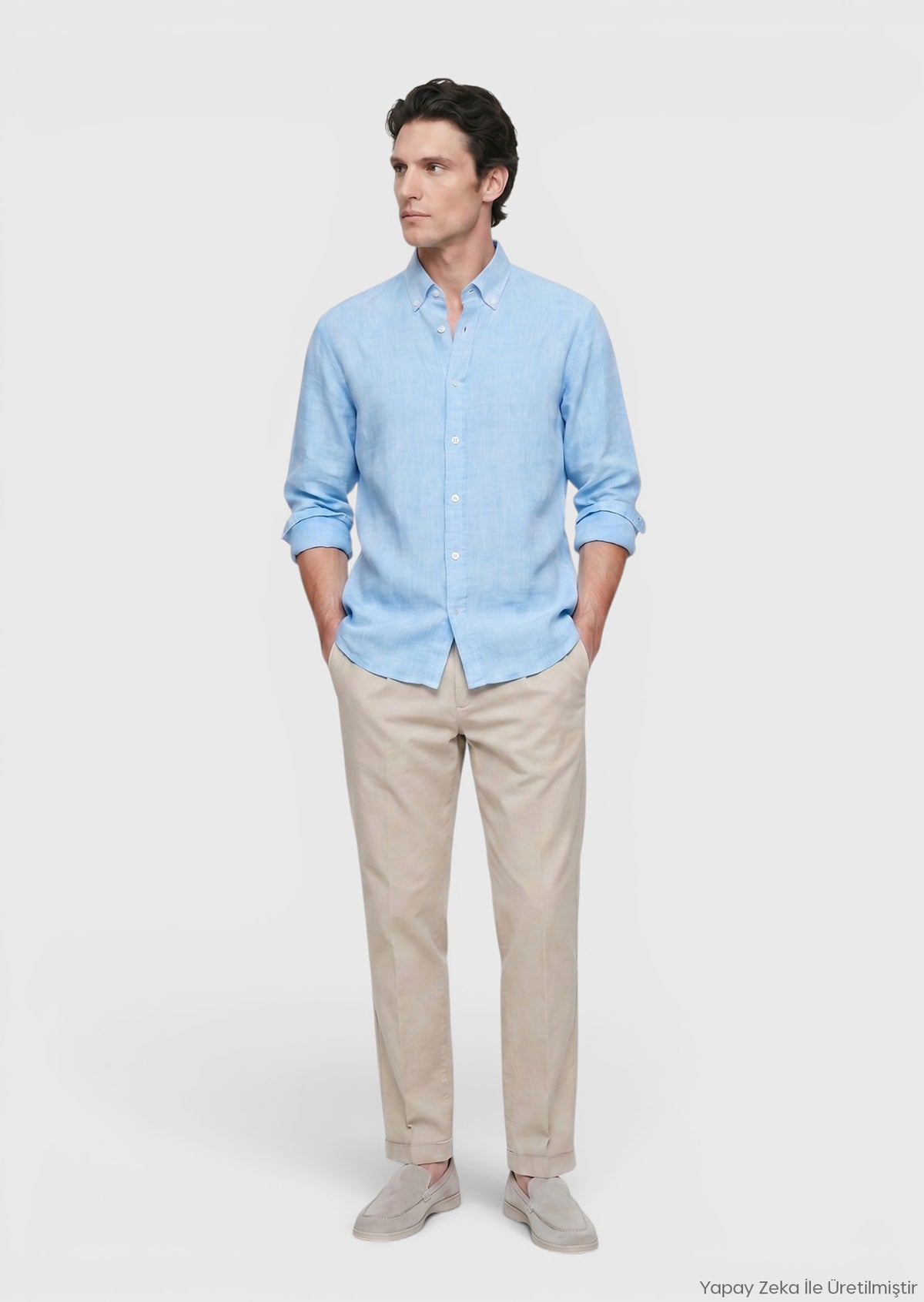 Turkuaz Düz Casual Fit Uzun Dokuma Casual %100 Keten Gömlek