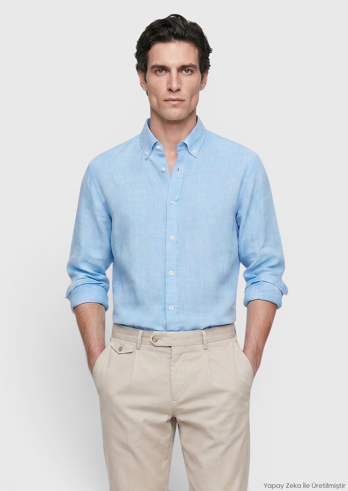 Turkuaz Düz Casual Fit Uzun Dokuma Casual %100 Keten Gömlek