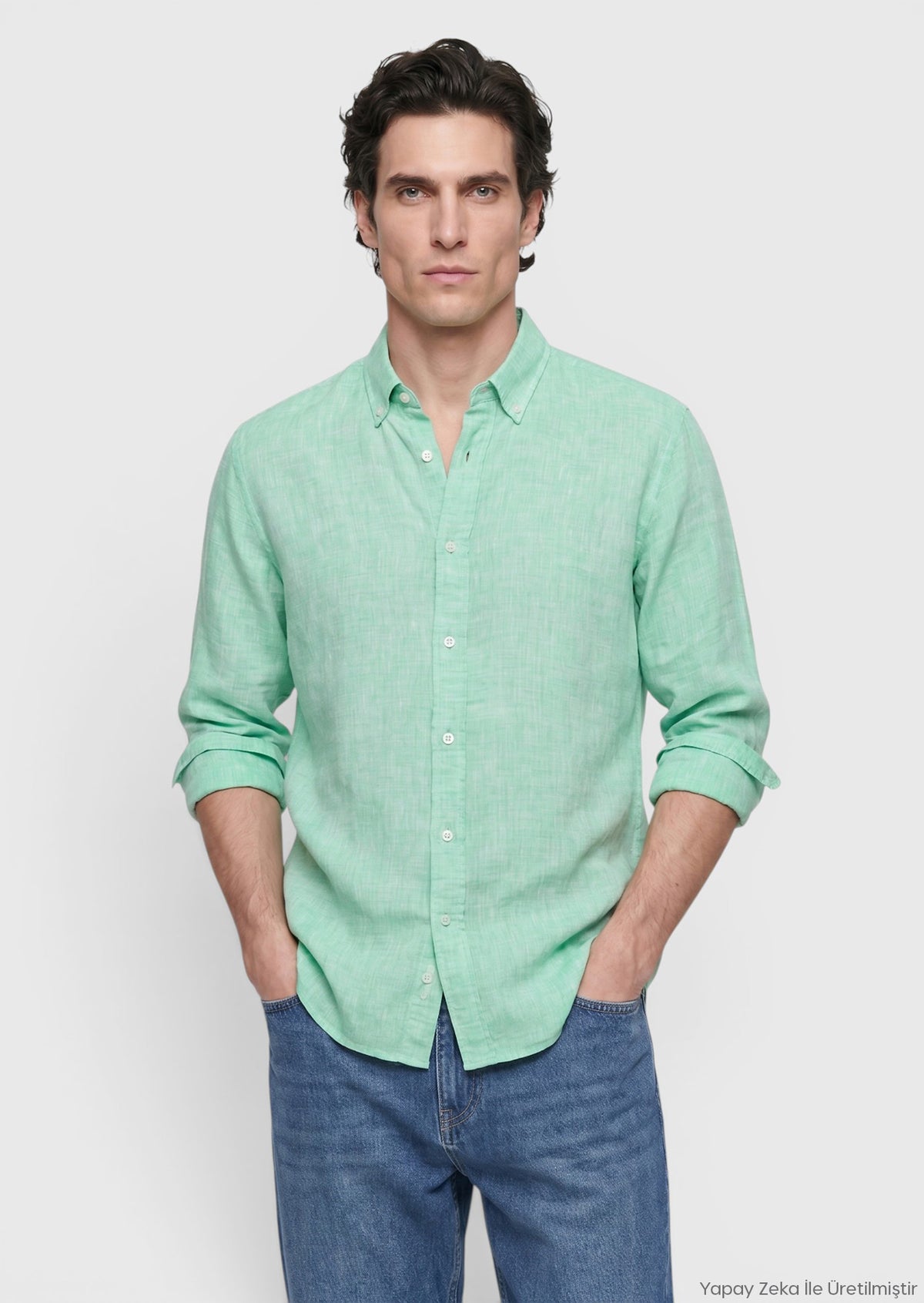 Yeşil Düz Casual Fit Uzun Dokuma Casual %100 Keten Gömlek