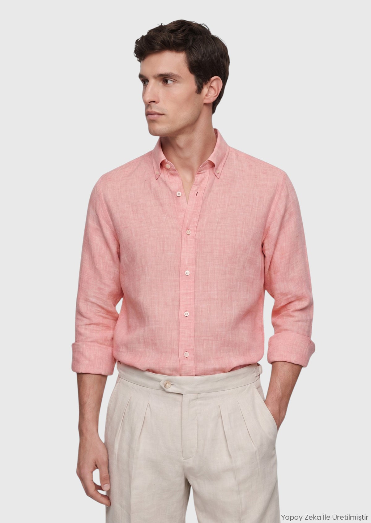 Turuncu Düz Casual Fit Uzun Dokuma Casual %100 Keten Gömlek